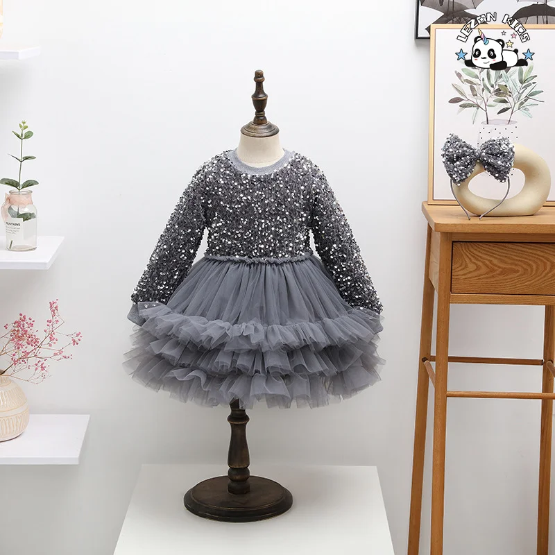 LEZONKIDS - Custom Comfortable Long Sleeve Red Velvet Girl Princess Dress Sequin Tulle Dress for Girls
